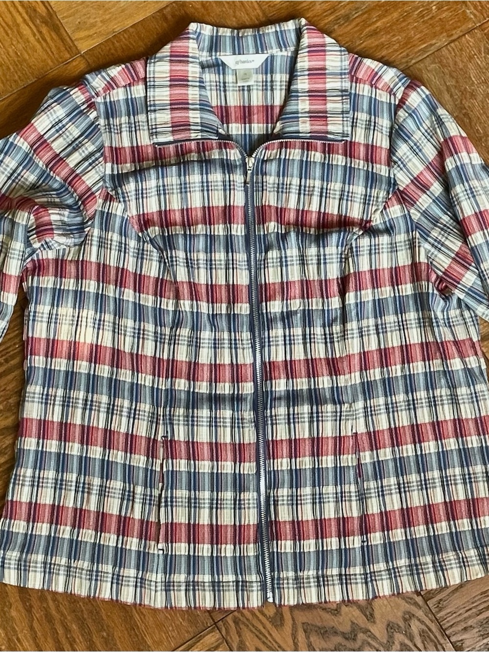 Y2K CJ Banks Plaid Crinkle Zip Up Jacket Cabincore 1X Plus Size - Red Blue